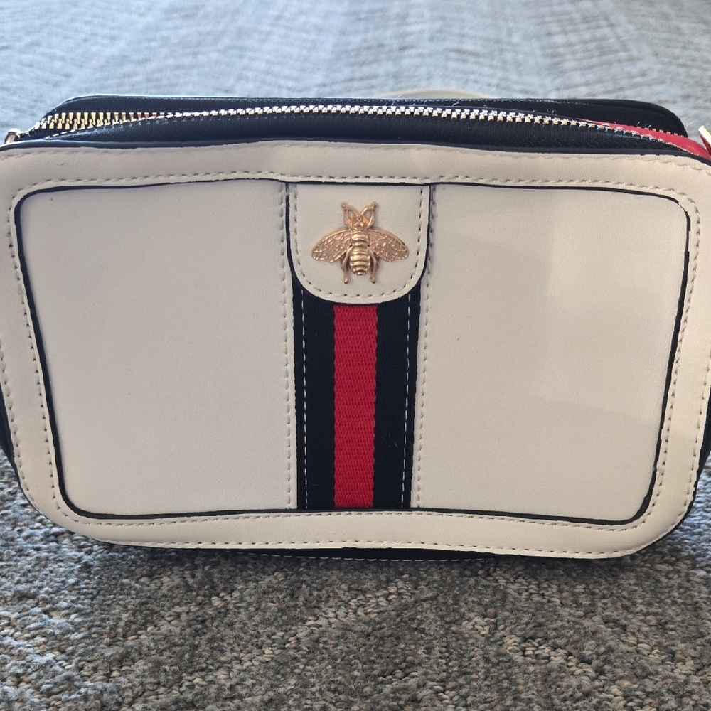 White Women's Crossbody Bag with Red-Black Stripe and Gold Bee Accent